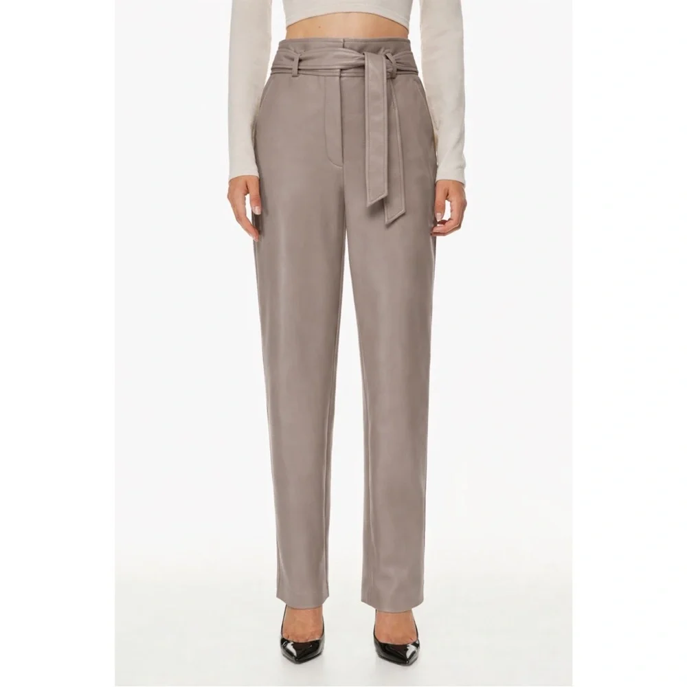 Babaton Aritzia Vegan Leather Belted Pants Taupe High Rise Size 0 - Picture 8 of 13